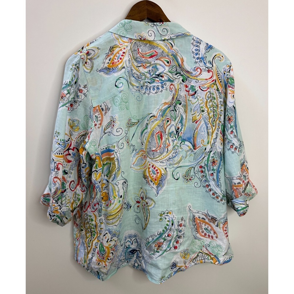 Chicos Effortless Linen Whimsy No-Iron Paisley Button Down Shirt Size 2 Large 12 - Picture 9 of 10